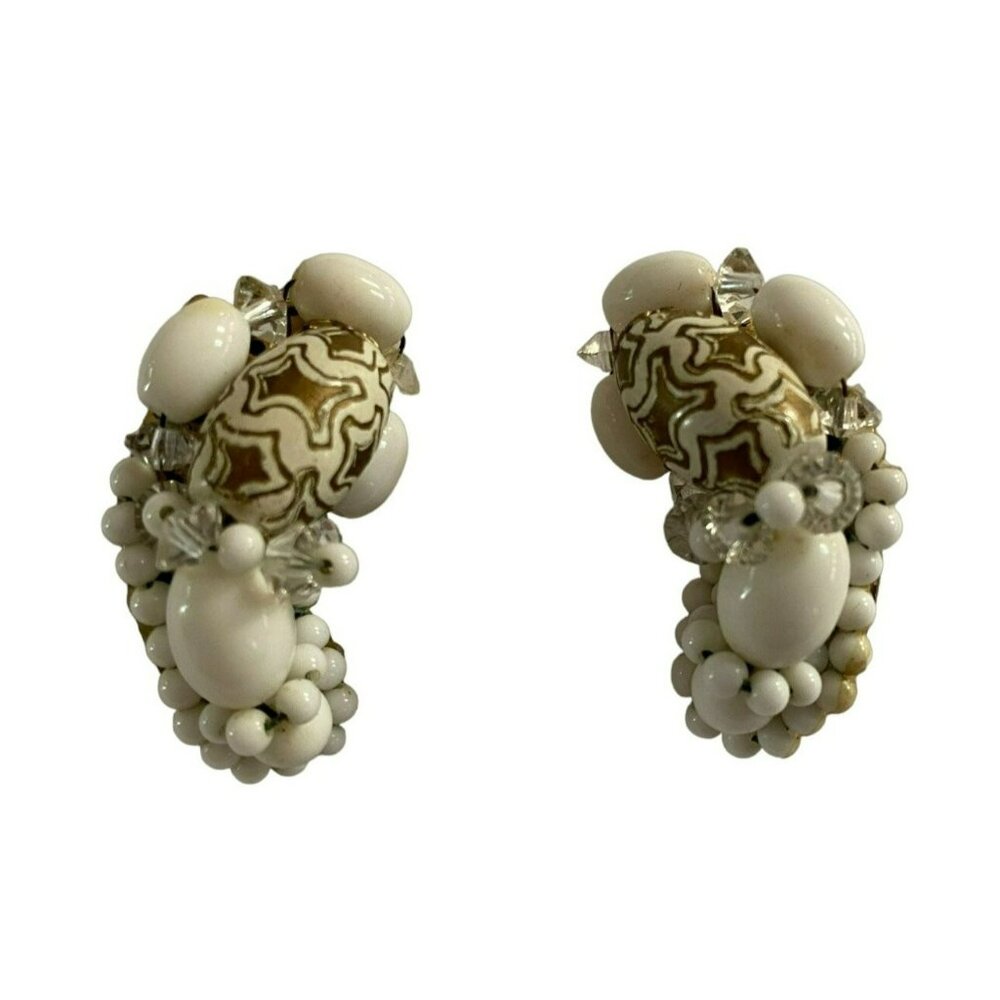 Vintage Signed Hobe hand-wired clipon earrings.  White seedbead and goldtone